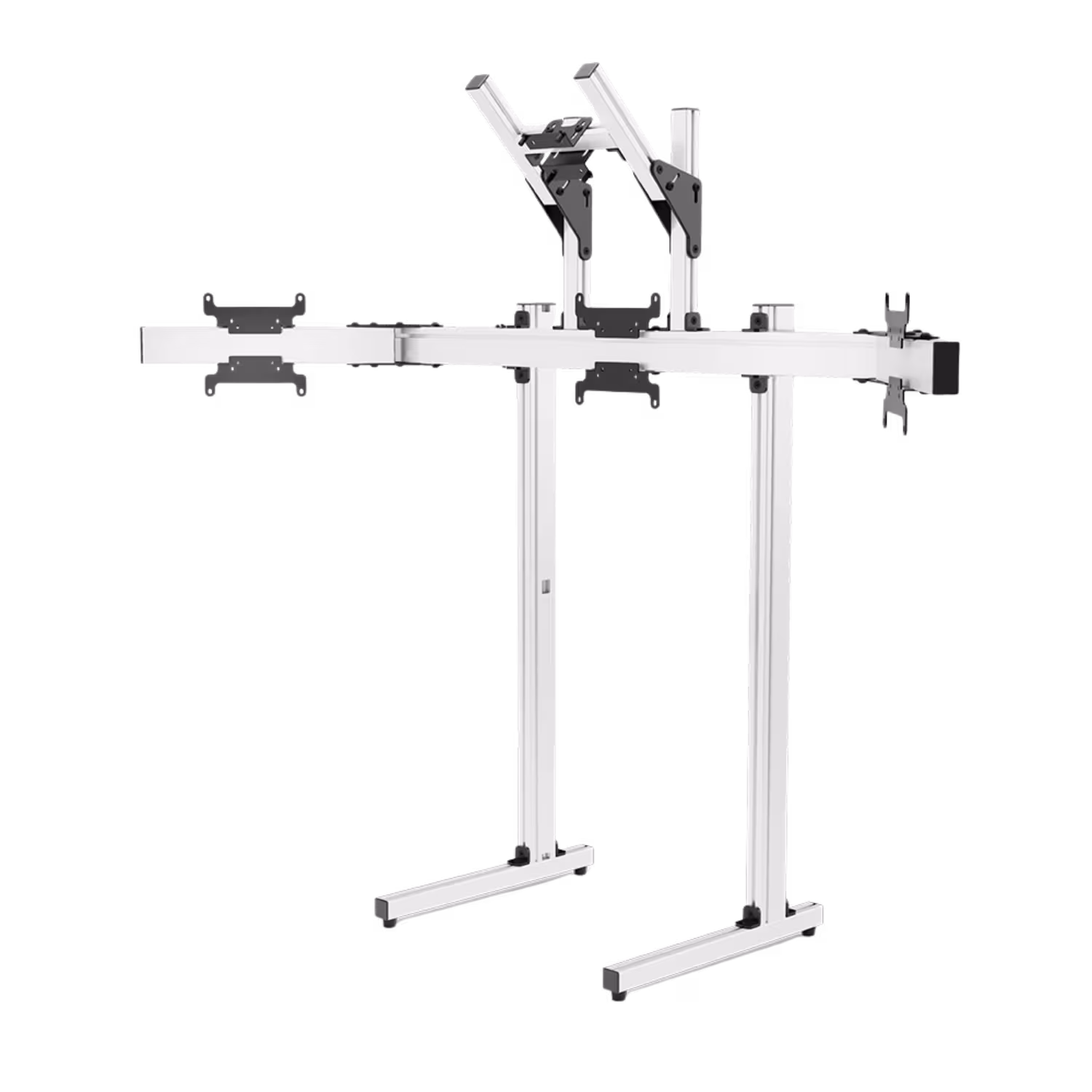 White four-monitor frame contrasted with dark steel connectors and VESA plates